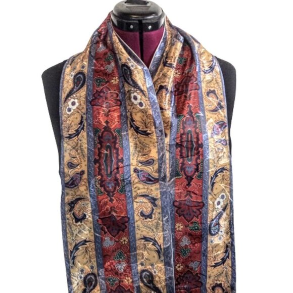 Vintage Tan Blue Red Paisley Jacquard Oblong Fringed Scarf - Picture 2 of 6